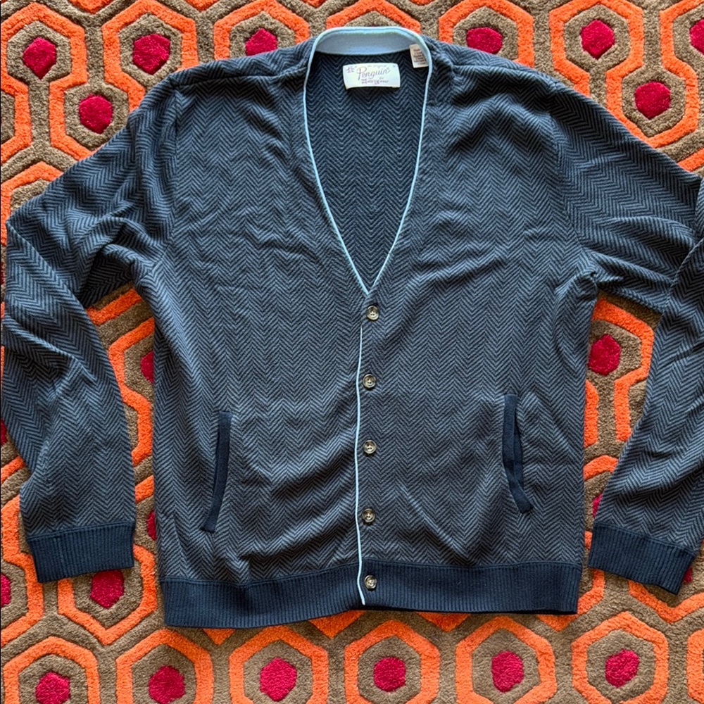 Original Penguin Gray and Black Herringbone Cardigan Sweater Men's Medium
